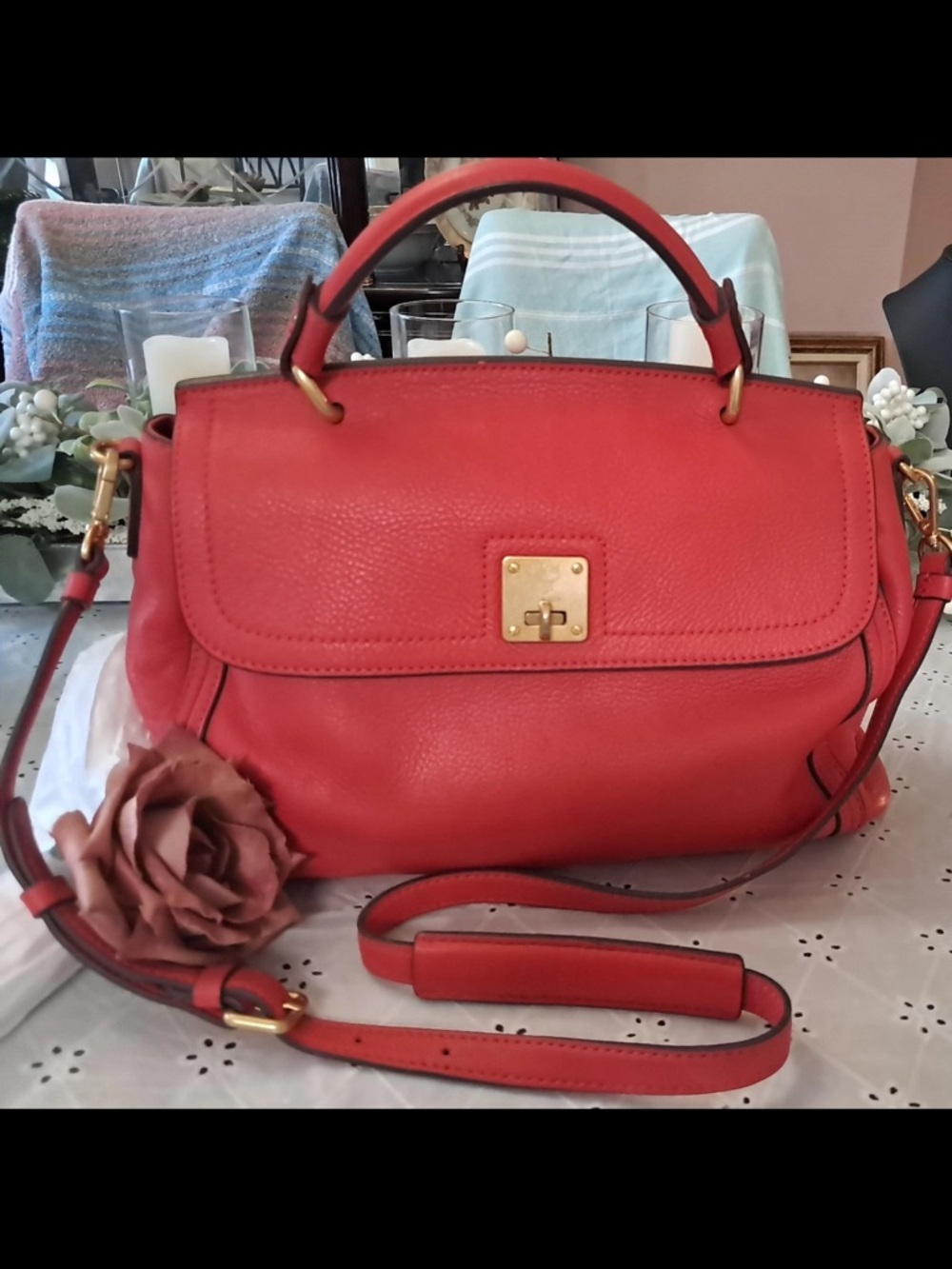 MCM Orange Red Leather Top-Handle Crossbody Bag